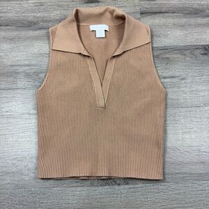 House of Harlow 1960 Ribbed Beige Crop Top Size Small Collared V-Neck Stretch